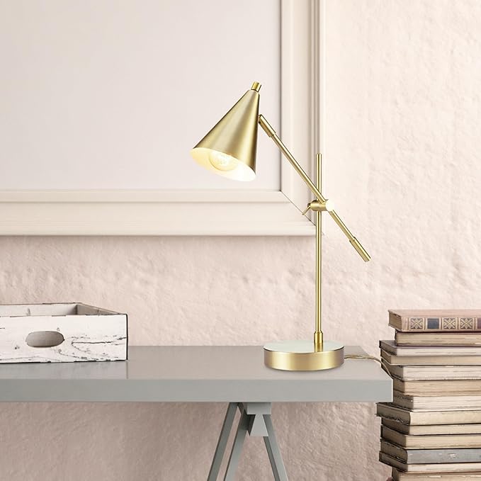 18" Table Lamp, Matte Brass, Adjustable Height, Counterbalanced Arm, Brass, Rotary Switch on Lampshade