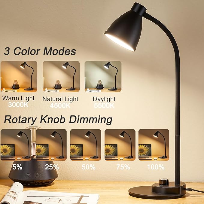 LED Desk Lamp with USB Charging Port 3 Color Modes Dimmable Reading Light Intelligent Induction Auto Dimming Task Lamp Flexible Gooseneck Table Lamp for Bedside Office, AC Adapter Include