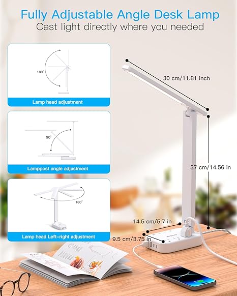 Power Strip with LED Desk Lamp, 3 Outlets 4 USB Ports(2 USBC) 4 Modes 5 Level Touch Lamp Small Desk Lamps for Home Office Bedroom Bedside, Study Reading Light, 5ft Extension Cord, Dorm Room Essentials