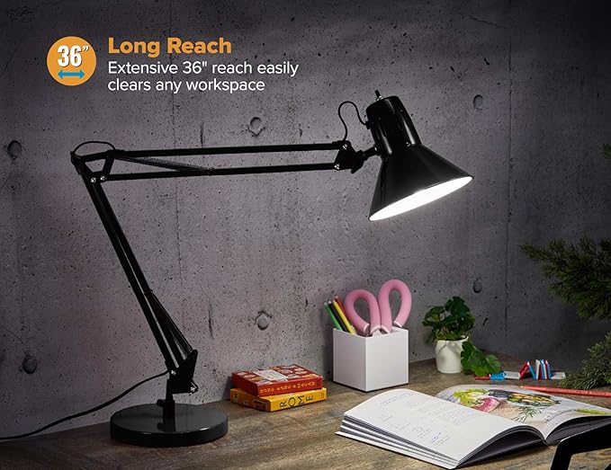 VLF100D Swing Arm Desk Lamp, Metal, 36" Reach with Multi-Joint Adjustment, Includes Replaceable LED Bulb (VLF), Black