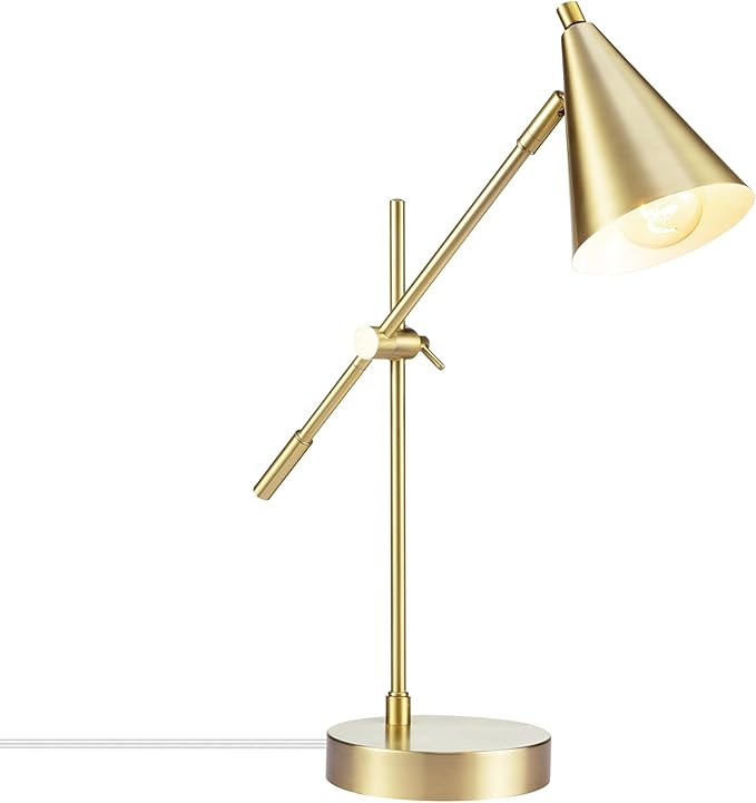 18" Table Lamp, Matte Brass, Adjustable Height, Counterbalanced Arm, Brass, Rotary Switch on Lampshade