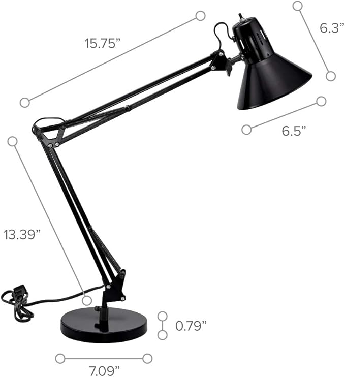 VLF100D Swing Arm Desk Lamp, Metal, 36" Reach with Multi-Joint Adjustment, Includes Replaceable LED Bulb (VLF), Black