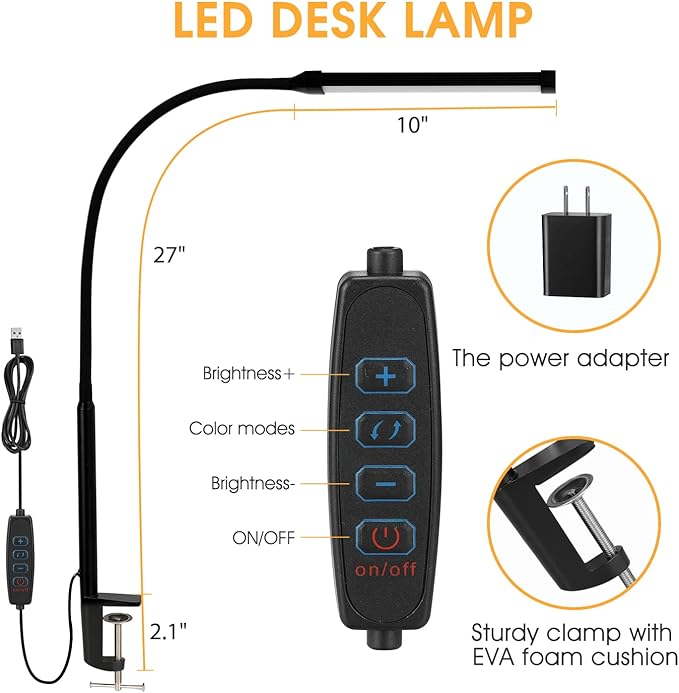 LED Desk Lamp with Clamp, Eye-Caring Clip on Lights for Home Office, 3 Modes 10 Brightness, Long Flexible Gooseneck, Metal, Swing Arm Architect Task Table Lamps with USB Adapter, Black