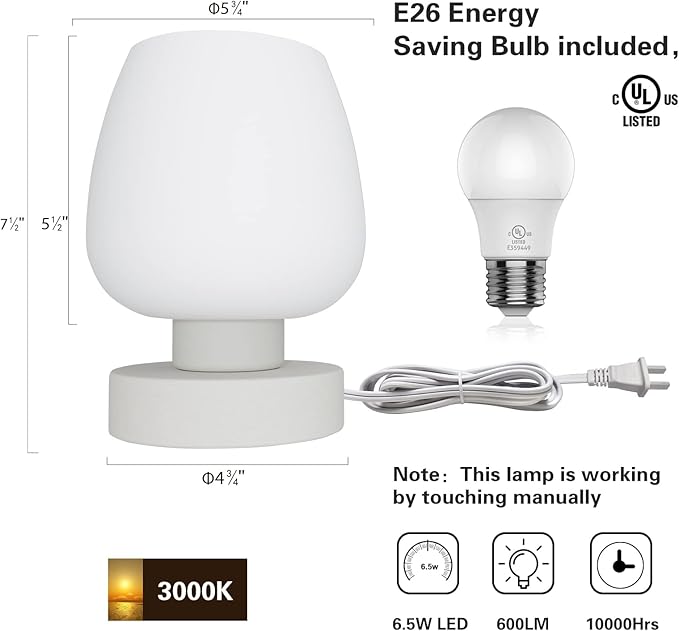 Touch Bedside Table Lamp - Modern Small Lamp for Bedroom Living Room Nightstand, Desk lamp with White Opal Glass Lamp Shade, Warm LED Bulb, 3 Way Dimmable, Simple Design