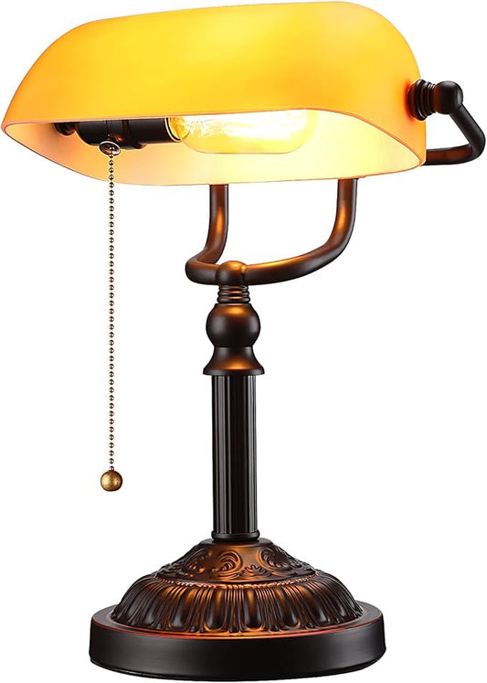 Bankers Desk Lamp with Pull Chain Switch, Amber Glass Shade Desk Lamps, Bronze Base, UL Listed, E26 Base, Vintage Library Lamp for Office, Study Room(Matted Orange)