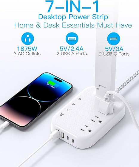 Power Strip with LED Desk Lamp, 3 Outlets 4 USB Ports(2 USBC) 4 Modes 5 Level Touch Lamp Small Desk Lamps for Home Office Bedroom Bedside, Study Reading Light, 5ft Extension Cord, Dorm Room Essentials