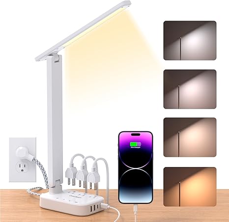 Power Strip with LED Desk Lamp, 3 Outlets 4 USB Ports(2 USBC) 4 Modes 5 Level Touch Lamp Small Desk Lamps for Home Office Bedroom Bedside, Study Reading Light, 5ft Extension Cord, Dorm Room Essentials