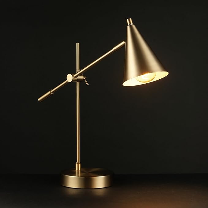 18" Table Lamp, Matte Brass, Adjustable Height, Counterbalanced Arm, Brass, Rotary Switch on Lampshade