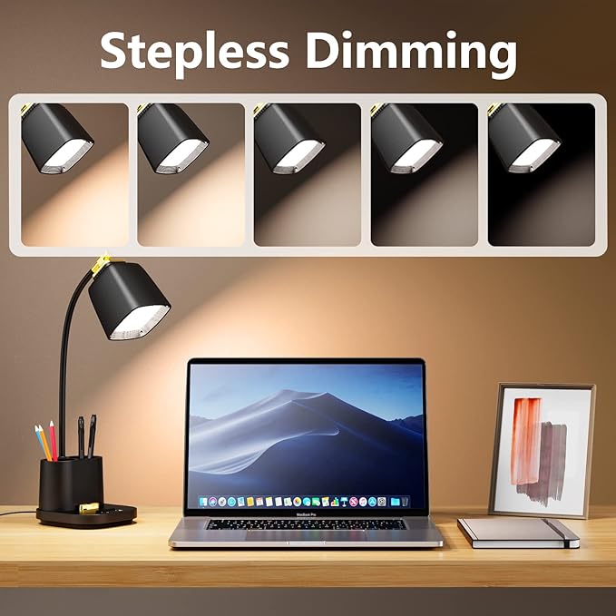 LED Desk Lamp with USB Charging Port Touch Control 3 Color Modes, Stepless Dimming,Eye-Caring LED Table Lamp for Home,Office,Bedroom,Reading,Work,Study,Gooseneck Lamp, 5V, 2.4A