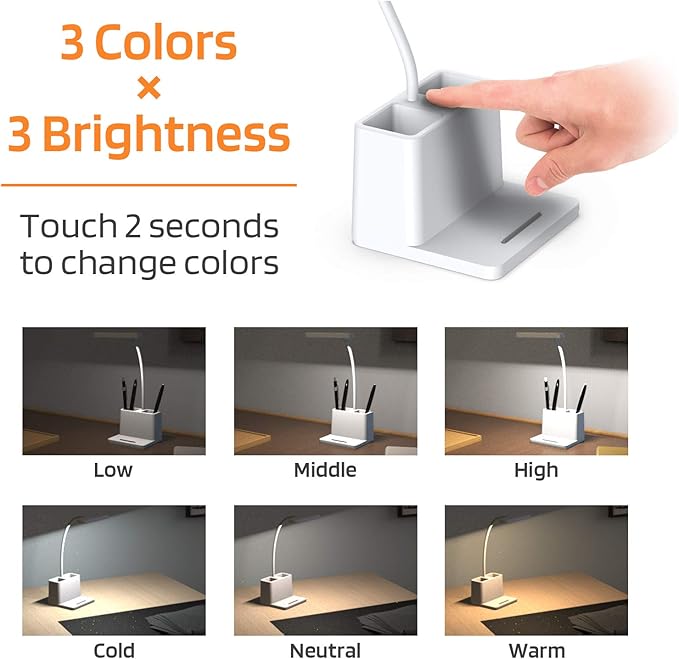 Rechargeable Small Desk Lamp for Home Office Bedroom, Study Table Light for Kids Teens, White, LED, Pen Holder, Mini, Gooseneck, College Dorm Room Lighting for Computer Keyboard Desktop Task
