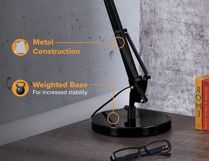 VLF100D Swing Arm Desk Lamp, Metal, 36" Reach with Multi-Joint Adjustment, Includes Replaceable LED Bulb (VLF), Black