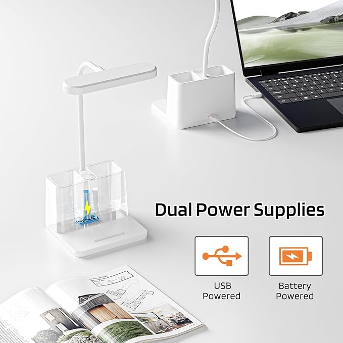 Rechargeable Small Desk Lamp for Home Office Bedroom, Study Table Light for Kids Teens, White, LED, Pen Holder, Mini, Gooseneck, College Dorm Room Lighting for Computer Keyboard Desktop Task