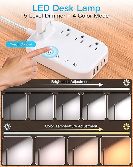 Power Strip with LED Desk Lamp, 3 Outlets 4 USB Ports(2 USBC) 4 Modes 5 Level Touch Lamp Small Desk Lamps for Home Office Bedroom Bedside, Study Reading Light, 5ft Extension Cord, Dorm Room Essentials
